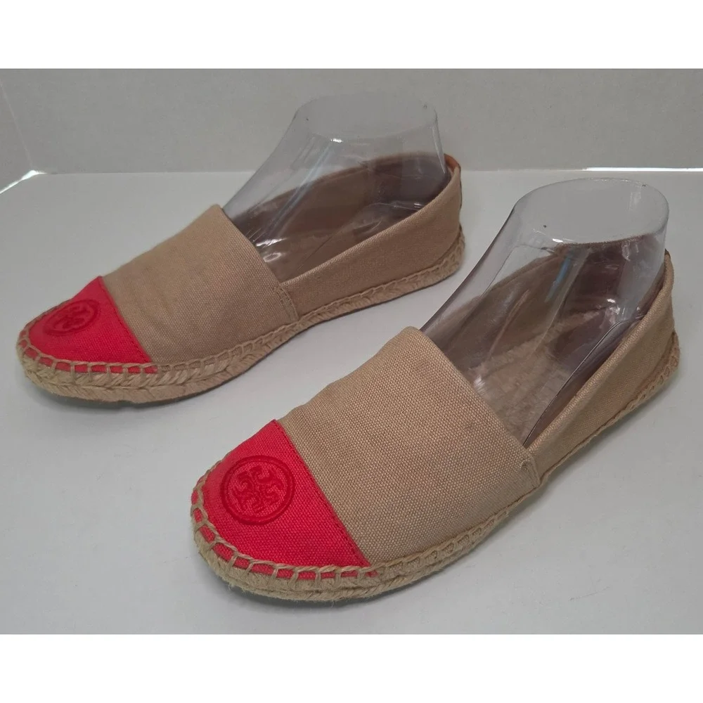 Tory Burch Color-Block Canvas Espadrilles Tan Red Logo Flats 7.5M Boho Chic